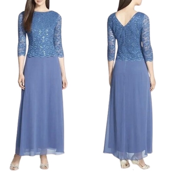 Alex Evenings Mock Two-Piece Sequin Chiffon Gown Lace Dress Wedgewood Sz. 6P - Picture 2 of 5